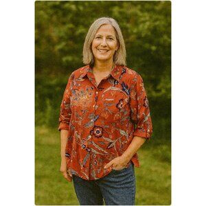 KikiSol Shirt Womens Medium Red Floral Button Up Boho Print 100% Cotton Casual